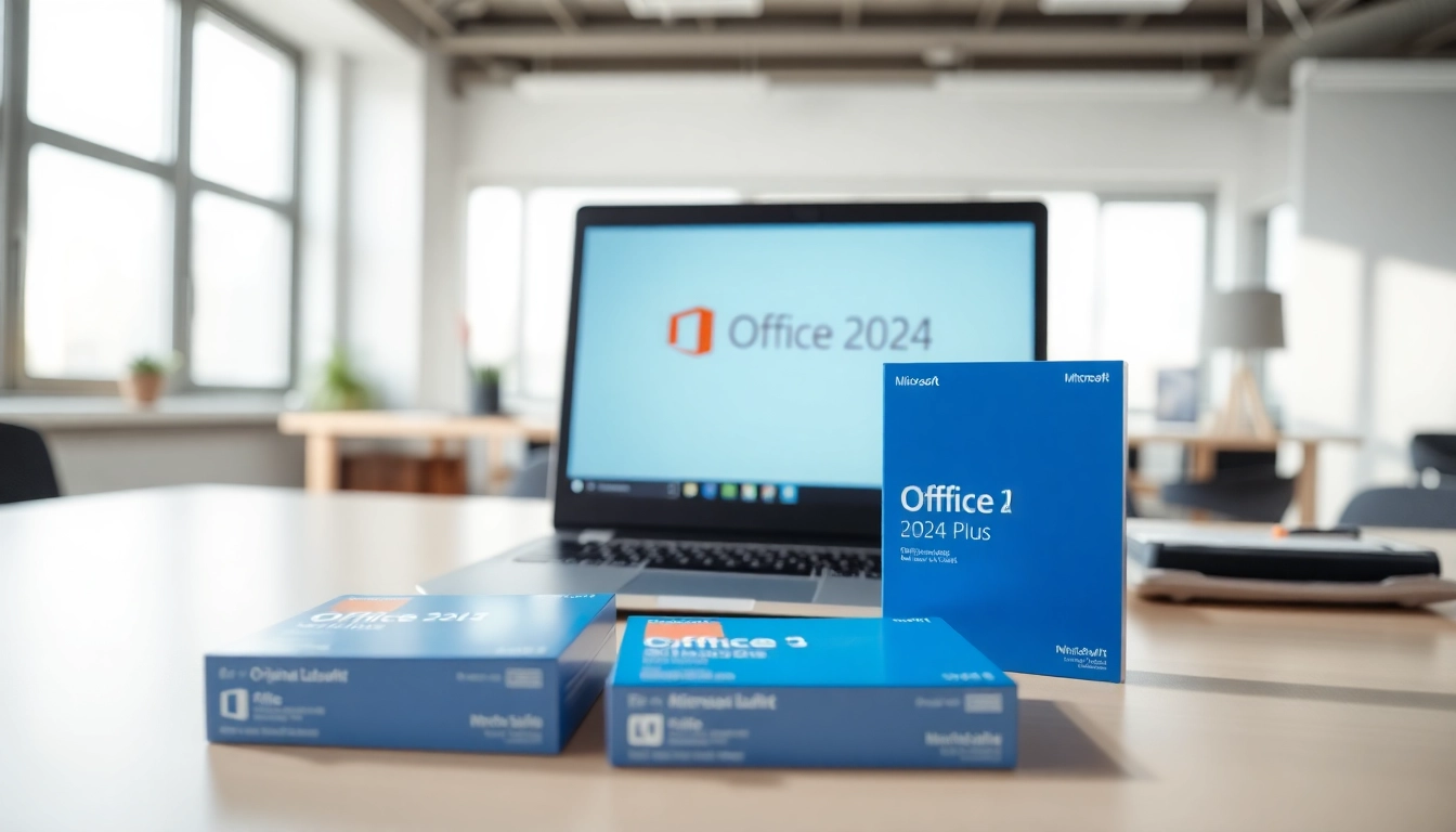 Installieren Sie die Office 2024 Pro Plus Original Lizenz auf einem Laptop in einem modernen Büro.