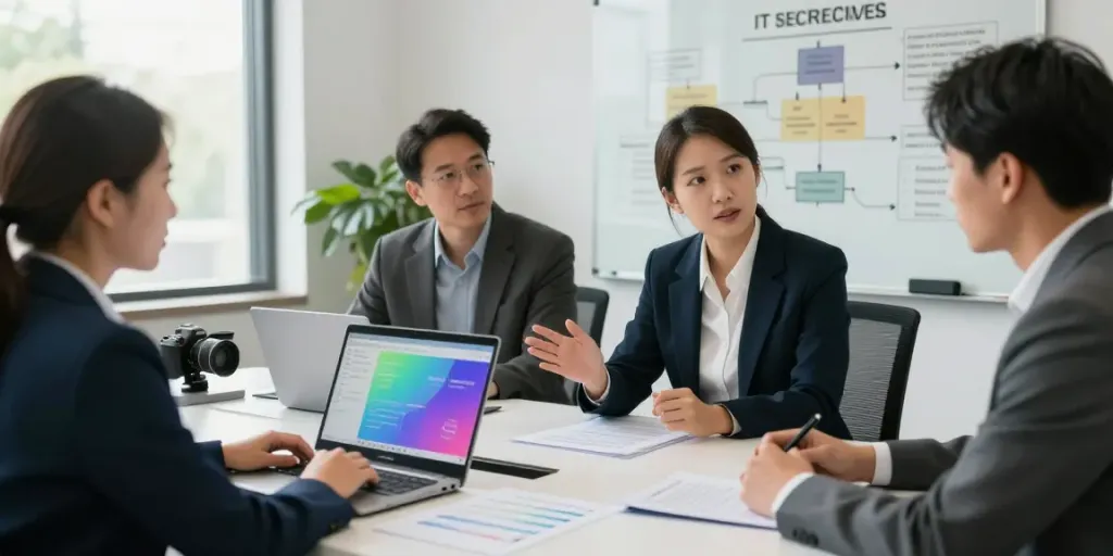 Professioneller IT-Service Frankfurt mit Berater und Kunde in Besprechung, Dokumente und Laptops sichtbar.