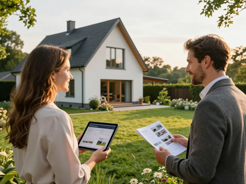 Immobilienmakler Frankfurt Ginnheim trifft sich mit Kunden an einer Immobilie, die moderne Architektur und Garten zeigt.