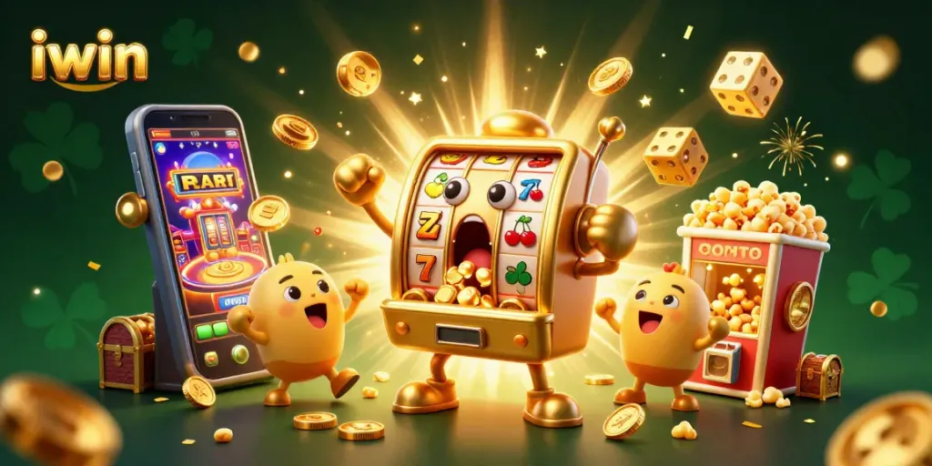 iwin slot machine surges in excitement as coins shower down, showcasing vibrant gambling scene