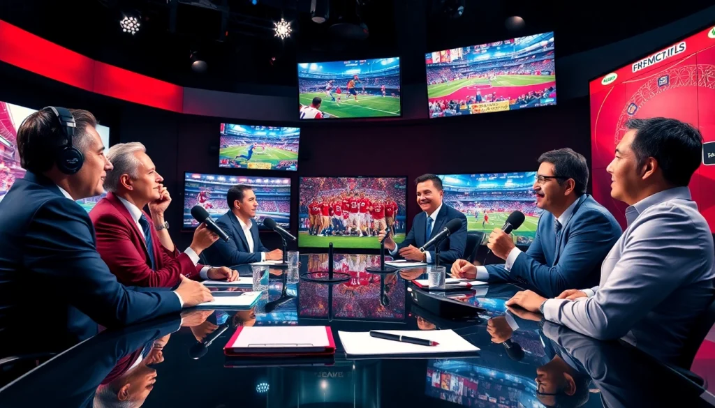 Engaging scene of sports broadcasting with hosts discussing live events and vibrant screens.