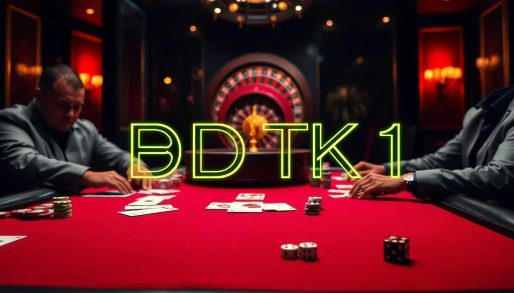 Engaged players at a high-stakes poker table featuring BDTK1 chips and cards in an opulent casino setting.