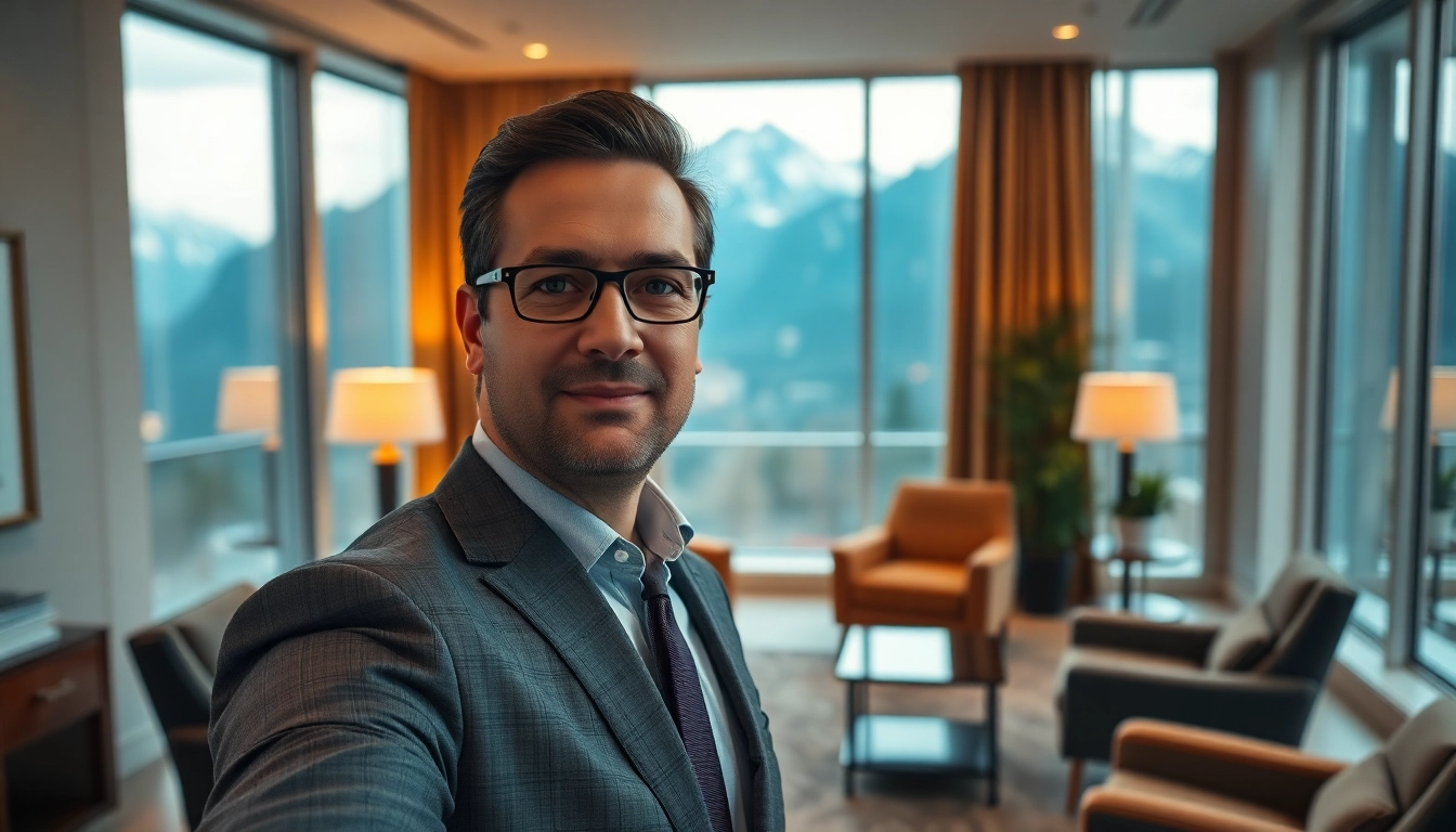 Headhunter Schweiz bespricht Karrieremöglichkeiten in einem modernen Büro mit Alpenblick