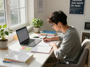 Student konzentriert auf Hausaufgaben lösen mit Laptop und Notizen in einem hellen Lernraum.