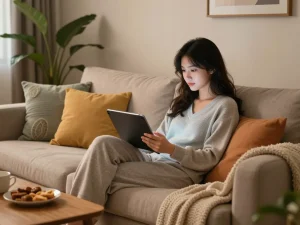 Engaging with a virtual girlfriend AI in a cozy living room, highlighting modern companionship.