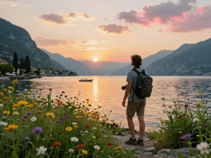 Entdecken Sie Gardasee Reisetipps mit einem Reisenden, der einen wunderschönen Sonnenuntergang am See erlebt.