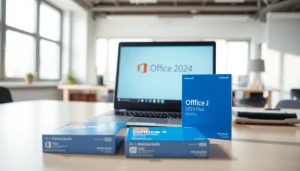 Installieren Sie die Office 2024 Pro Plus Original Lizenz auf einem Laptop in einem modernen Büro.