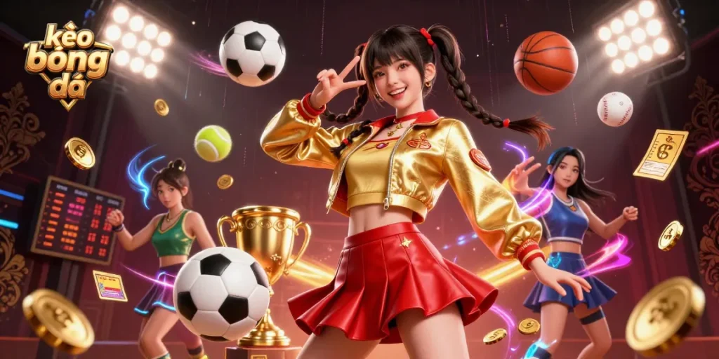 Engage in kèo bóng đá with vibrant betting action, sports balls flying, and dynamic energy.