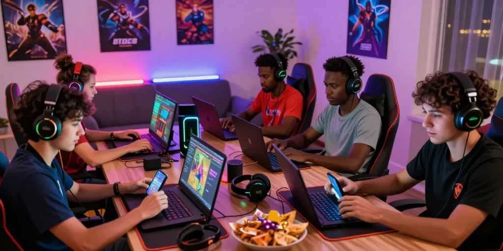 Engaging gamers playing on B52 CLUB at home with smartphones and laptops in a vibrant setup.