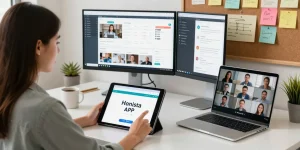 Young woman using Honista APK in a modern tech workspace with dual monitors and analytics.