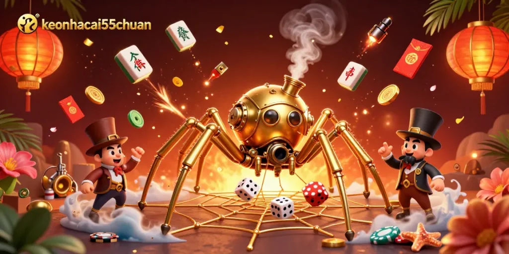 Engage with thrilling gameplay in a keonhacai55chuan scene featuring a golden steampunk spider and dynamic betting elements.