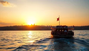 Bosphorus sunset cruise with stunning views of Istanbul's skyline during sunset.