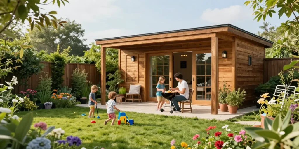 Gartenhaus kaufen in einem wunderschönen Garten mit Familie beim Grillen.