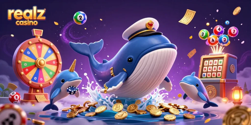 Experience the thrill of realz casino with vibrant games, playful characters, and dynamic casino elements in this engaging scene.