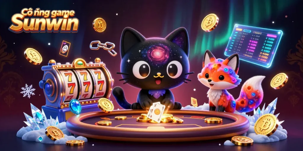 Cổng game Sunwin captivates players with a cosmic casino scene featuring dynamic gambling elements and characters.
