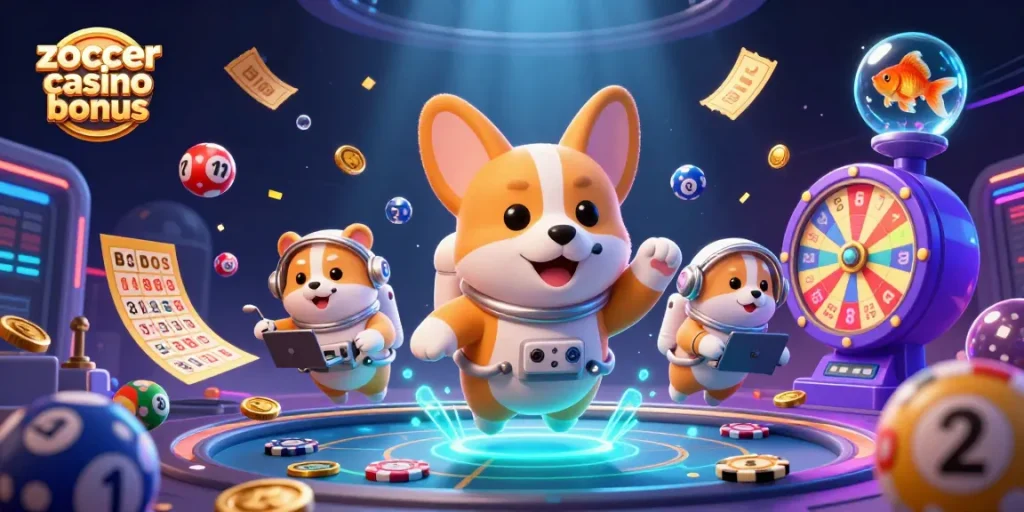 Zoccer casino bonus offers thrilling gameplay with a floating 3D astronaut corgi and casino elements.