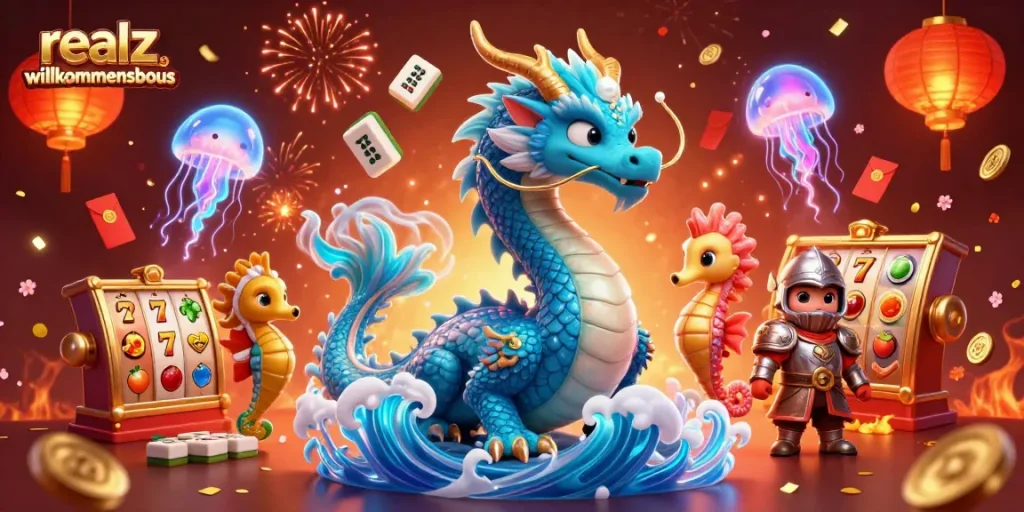 Erleben Sie den realz casino willkommensbonus mit einer dynamischen 3D-Darstellung von Spielautomaten und fantastischen Charakteren.