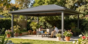 Freistehende Terrassenüberdachung in einem blühenden Garten, Paare genießen die Sonne