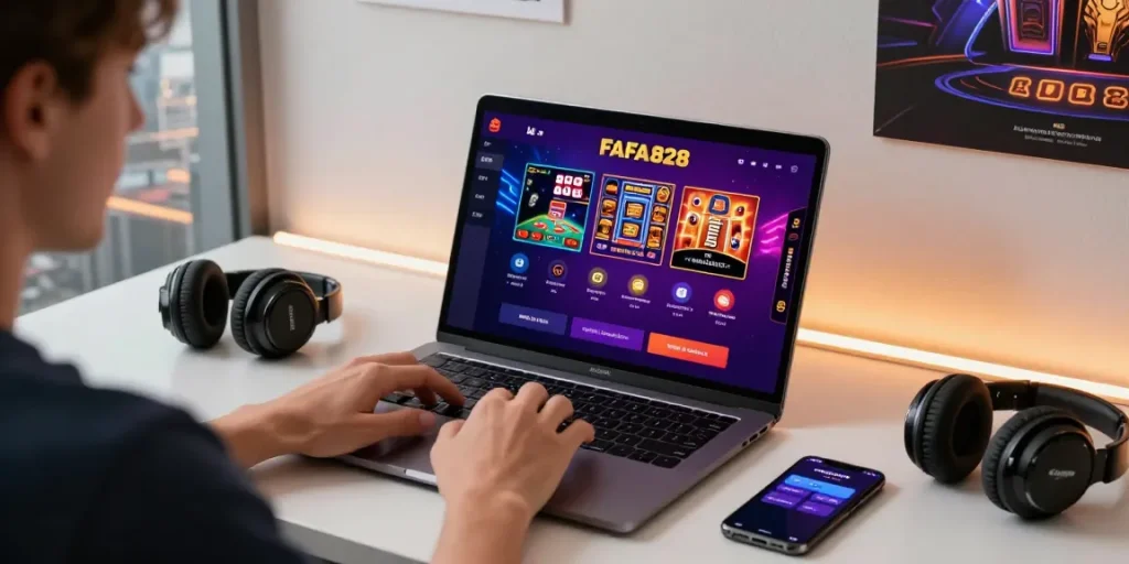 Engaging with FAFA828 online gaming interface, showcasing vibrant atmosphere