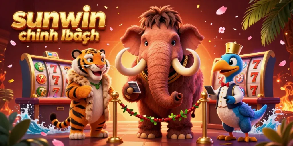 Experience the vibrant world of sunwin chính hãng with dynamic casino characters welcoming VIPs amidst rich gaming elements.